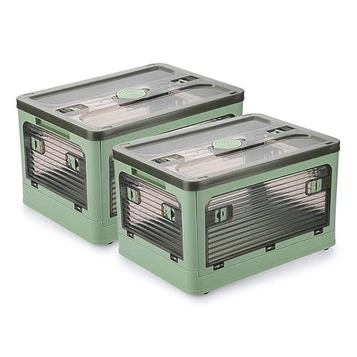 2 Pack Plastic 4 Doors Collapsible Storage Bins with Lid & Wheels, 36 Liters Folding Storage Bins, Stackable Multifunctional Box for Camping Clothes Snack Storage