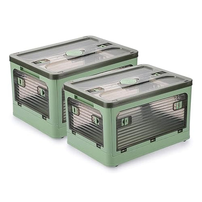 2 Pack Plastic 4 Doors Collapsible Storage Bins with Lid & Wheels, 36 Liters Folding Storage Bins, Stackable Multifunctional Box for Camping Clothes Snack Storage