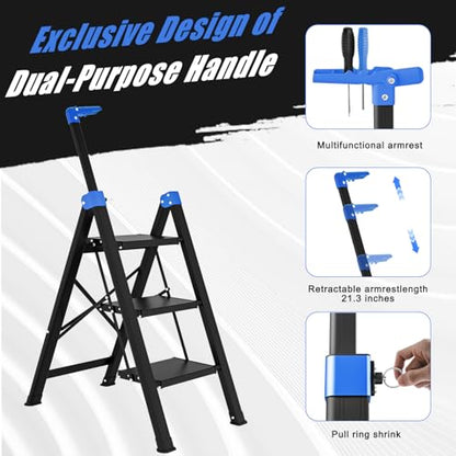 3 Step Ladder,Step Stool Foldable with Single-Handrail,Step Ladder with Anti-Slip Pedals for Home Kitchen Closet,Aluminum Sturdy Material,600lbs Max Load Capacity (Blue) - color: Blue, size: 3 steps