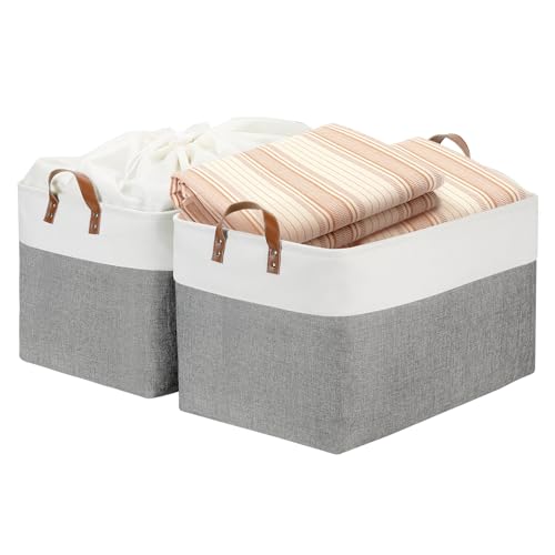 DULLEMELO Extra Large Storage Baskets for Organizing 22"x15"x13" Foldable Fabric Storage Baskets Organizer Bins with Handles Large Storage Basket for Shelves Closet Toys Books (White&Grey) - color: White&Grey-Leather Handles, size: Upgrated/2P-22"x15"x13"
