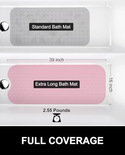 OTHWAY No Suction Cup Bath Mat: 39x16inch Extra Long Bathmat│Perfect for Refinished Bathtub Mat│Made of Nature Rubber│a Blessing for The Elderly and Children (Pink) - color: G-pink