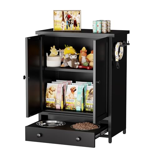 Dog Feeding Station with Storage, Metal Dog Food Storage Cabinet with 2 Elevated Bowls and 3 Hooks, Pet Feeding Station and Food Storage Organizer, Black - size: Metal Black