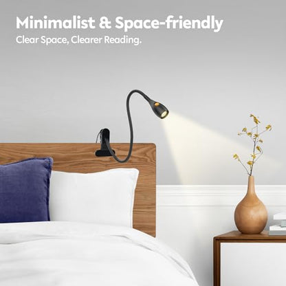 acegoo Minimalist Reading Light for Bed Headboard Dimmable Book Light Clip on Lamp with USB-C Adapter, Flexible Neck & Handy Lamp Head Switch, CRI 90+ - color: Black