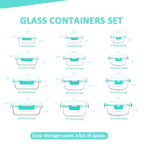 KOMUEE 24 Pieces Glass Food Storage Containers Set, Meal Prep Containers, BPA-Free Airtight Glass Storage Containers with lids, Freezer, Microwave and Oven Safe,Green - color: Green