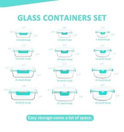 KOMUEE 24 Pieces Glass Food Storage Containers Set, Meal Prep Containers, BPA-Free Airtight Glass Storage Containers with lids, Freezer, Microwave and Oven Safe,Green - color: Green