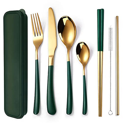 AARAINBOW 7 Pieces Stainless Steel Flatware Set Portable Reusable Cutlery Set Travel Utensils Set Including Chopsticks Knife Fork Spoon Straws Cleaning Brush Dishwasher Safe (7 Green Golden) - color: 7 Green Golden