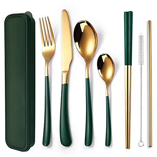 AARAINBOW 7 Pieces Stainless Steel Flatware Set Portable Reusable Cutlery Set Travel Utensils Set Including Chopsticks Knife Fork Spoon Straws Cleaning Brush Dishwasher Safe (7 Green Golden) - color: 7 Green Golden
