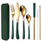 AARAINBOW 7 Pieces Stainless Steel Flatware Set Portable Reusable Cutlery Set Travel Utensils Set Including Chopsticks Knife Fork Spoon Straws Cleaning Brush Dishwasher Safe (7 Green Golden) - color: 7 Green Golden