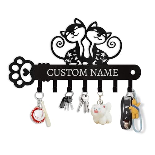 Cat Key Holder with Custom Name & Hooks - Personalized Metal Key Rack Wall Mount Art Decor for Bedroom Doorway Office - color: 04 Cat
