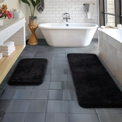 MIULEE Black Bathroom Rugs Set 2 Piece, Soft Absorbent Microfiber Bath Mat Set, Non Slip Quick Dry Machine Washable Plush Shaggy Bath Rugs for Bathroom Floor, Tub and Shower, 16"x48"+16"x24" - color: Black, size: 16''x24'' + 16''x48''
