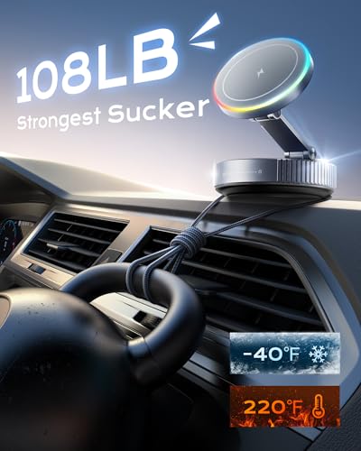 Magnetic Phone Charging Holder Mount for Magsafe Car Mount Charger, 15W Fast Charger Wireless [108+LBS Suction & 3800gf Magnetic], 360° Vacuum Magnetic Phone Holder for iPhone 17 Pro Max Air 16-12