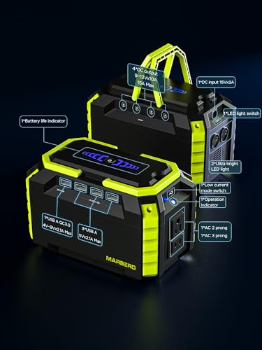 MARBERO Portable Power Station 150Wh Camping Solar Generator Laptop Charger Power Bank with AC Outlet 110V 150W Peak with 4*USB, 4*DC Ports, LED Flashlights for CPAP Home Camping Hurricane Emergency