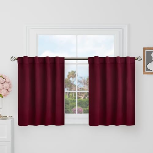 BGment Short Blackout Curtains 30 Inch Length for Small Windows - 34 x 30 inch Curtains Rod Pocket and Back Tab Thermal Insulated Room Darkening Curtains for Kitchen/Cafe Room, 2 Panels, Burgundy Red - color: Burgundy Red, size: 34"W x 30"L (Pack of 2)