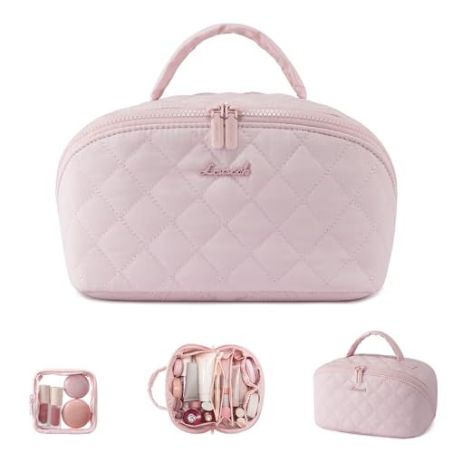 LOVEVOOK Travel Makeup Bag for Women, 2Pcs Puffer Waterproof Cosmetic Organizer, Large Capacity Pouch Open Flat Small Toiletry Bag with Brush Compartment & Handle (Pink, Large) - color: Pink, size: Large