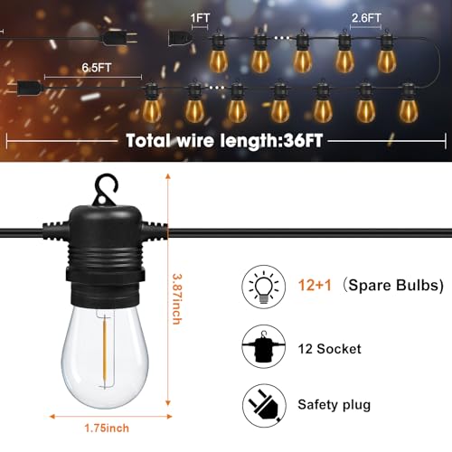 GvvooHome LED Outdoor String Lights 36FT Patio Lights with 13 Shatterproof S14 Replaceable Bulbs(1 Spare), Outside Hanging Lights Waterproof for Porch, Deck, Garden, Backyard, Balcony, 2700K Dimmable - size: 36FT