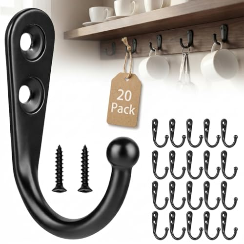 POZEAN 20 Pack Wall Hooks for Hanging, Small Coat Hooks Wall Mounted for Living Room, Bathroom, Kitchen, Bedroom for Key, Cup, Bag, Hat, Scarf, and More (Black) - color: Black, size: 20PCS