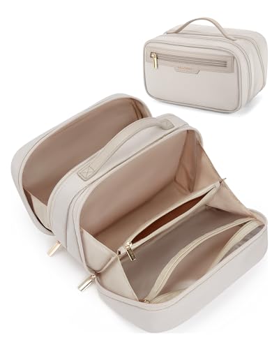 BAGSMART Travel Makeup Bag Large Capacity Cosmetic Bag, Wide-open Portable Make Up Bag Organizer for Women for Travel Essentials Travel-Size Toiletries Accessories Bottles, Brushes (Warm Gray) - color: Warm gray