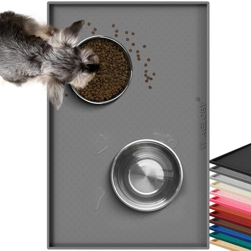 VIVAGLORY Pet Food Mat Grippymat Dog Bowl Mat, 19" L x 12" W, Grey | Placemat with Raised Edge for Indoor, Waterproof Silicone for Cat Kitty & Puppy - color: Grey, size: 19"L x 12"W