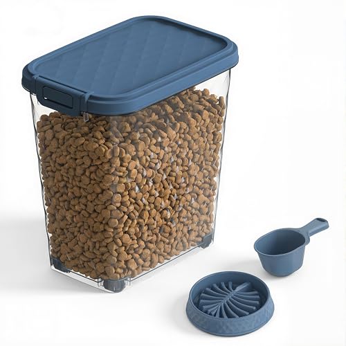 Pet Food Storage Container with Wheels Resin Capacity Dog Food Container with Slow Feeder Bowl and Scoop Easy to Move to Keep Food Fresh for Dogs, Cats, Birds（Blue,Quantity 1） - color: Blue