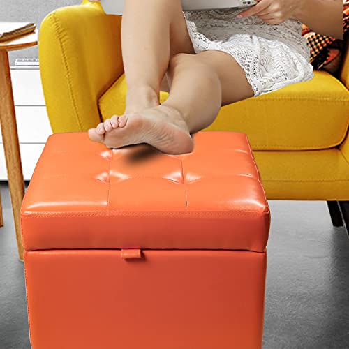 H&B Luxuries Tufted Leather Square Flip Top Storage Ottoman Cube Foot Rest - color: Orange With Storage