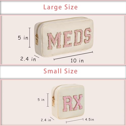 2Pcs Chenille Letter Patch Nylon Medicine Makeup Bag Set,Cute MEDS Travel Makeup Bag with Metal Zipper, First Aid Purse Organizer Cosmetic Bag for Women and Girls(Beige MEDS-RX) - color: Beige MEDS-RX