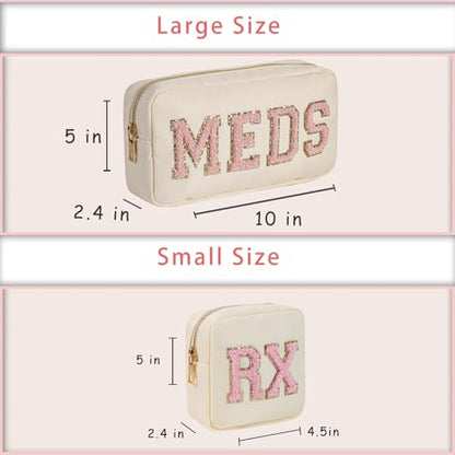 2Pcs Chenille Letter Patch Nylon Medicine Makeup Bag Set,Cute MEDS Travel Makeup Bag with Metal Zipper, First Aid Purse Organizer Cosmetic Bag for Women and Girls(Beige MEDS-RX) - color: Beige MEDS-RX