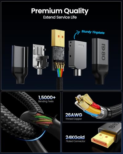 Silkland 80Gbps DisplayPort Cable 2.1 6.6FT/2M [VESA Certified], [8K@240Hz, 4K@540Hz 360Hz 240Hz] DP 2.1 Cable 16K, DP80 HDR DSC HDCP, Display Port Cord Compatible DP 1.4, Gaming Monitor 5090 9070XT - size: 6.6 Feet