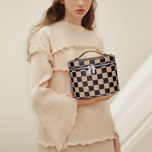 YFGBCX Checkered Makeup Bag Vanity Case with Divider Travel Toiletry Bag Women Cosmetic Bag Makeup Organizer Case - color: Checkered-Brown