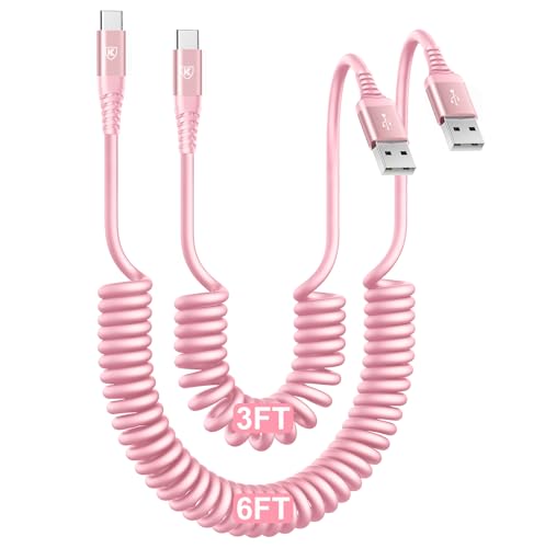 USB C Cable Fast Charging Cable [3FT+6FT], Coiled USBA to USBC Cable for Car, USB C Cord iPhone USB-C Cable Compatible with iPhone 17 16 15 Pro Max,Samsung Galaxy S10 S9 and More-Pink - color: Pink, size: 3FT+6FT