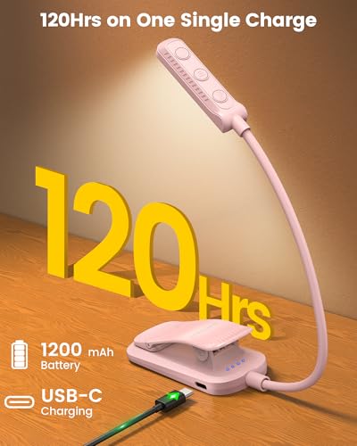 Glocusent 13 LED Rechargeable Book Light for Reading at Night, Eye-Caring 3 Amber Colors & Stepless Dimming, Lasts 1 Week to 2 Months, Travel Clip on Lamp, Gifts for Book Lovers, Men, Women & Kids - color: Pink