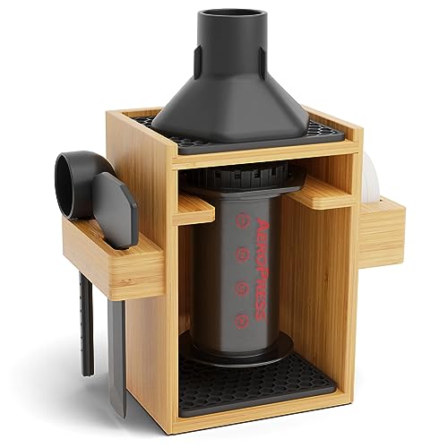 HEXNUB Organizer Stand for AeroPress Bamboo Coffee Caddy Compact Black | Handmade Coffee Caddy with Filter Holder, Mug Storage Rack, Accessory Station and Silicone Drip Mats - color: Compact - Black Mats
