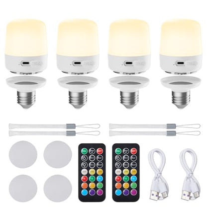 Minetom E26 Rechargeable Light Bulbs with Remote and Timer, Battery Backup Bulb with 12 Colors and Brightness Dimmable, 2300mAh 40W Equivalent LED Light Bulbs for Lamps Sconces Camping, 4 Pack - size: 4 Pack