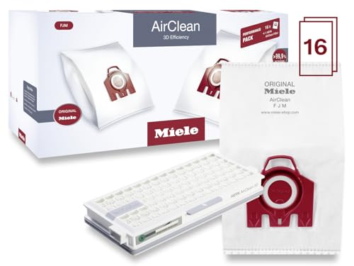 Miele Genuine FJM HyClean Air Vacuum Cleaner Bags for Miele Compact C1 & Compact C2 Vacuum Cleaners, Performance Pack of 16 Dust Bags and 1 HEPA Filter