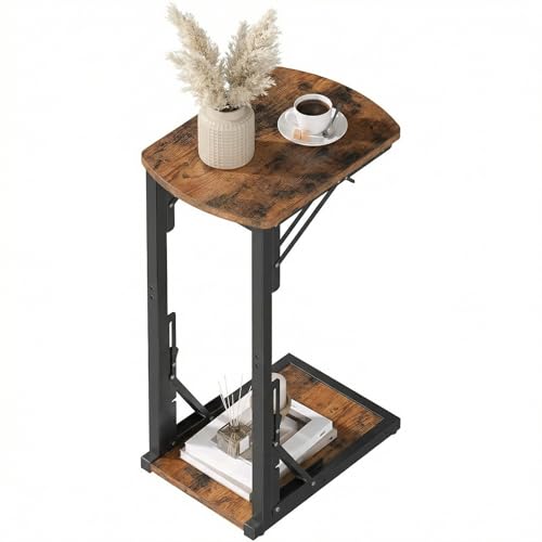 MAHANCRIS Folding C Shaped End Table, Adjustable Small Sofa Side Laptop Desk, Foldable Couch TV Tray Table for Small Spaces, Living Room, Bedroom, Rustic Brown ETHR4101