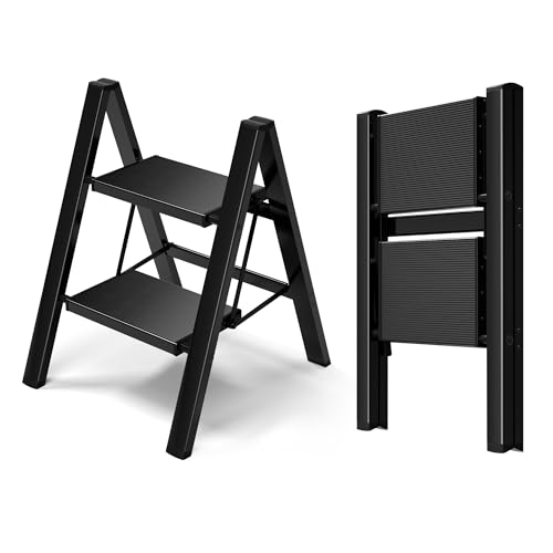 HillhutApex 2 Step Ladder, Lightweight Portable 2 Step Stool with Anti-Slip Wide Pedal, 330lbs Capacity Aluminum Ladder for Household,Office,Library(Black) - color: Black, size: 2 Step