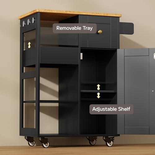 Gizoon Kitchen Island Cart on Wheels, with Thickened Wooden Countertop, Rolling Serving Utility Cart with Drawers and Doors, Bar Cart with Adjustable Shelf and Removable Tray for Dining Room, Black - color: Black & Tabletop-oak Color