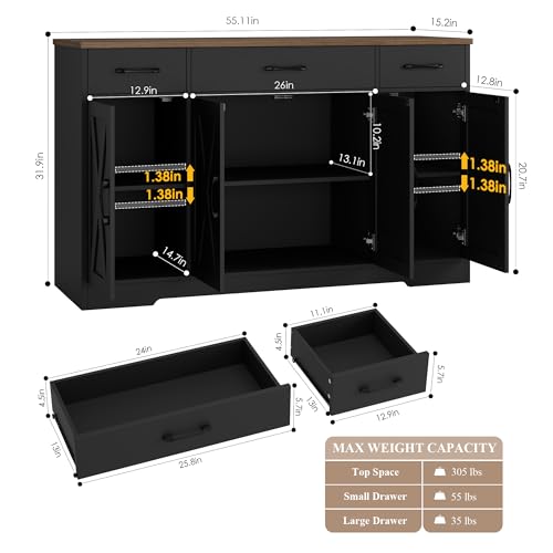 HOSTACK Buffet Sideboard Cabinet with Drawers, 55" Large Buffet Storage Cabinet with Shelves and Doors, Modern Farmhouse Coffee Bar Station for Kitchen, Dining Room, Black/Rustic Brown - color: Black/Rustic Brown