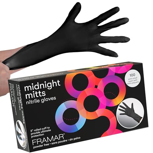 FRAMAR Black Gloves Disposable Latex Free – Extra Small Nitrile Gloves Black, For Hair Dye, Tattoo Supplies, Cleaning, Mechanic – Extra Durable & Resistant – 12 Inches Long – 100 Pack - size: X-Small