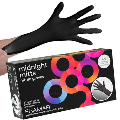 FRAMAR Black Gloves Disposable Latex Free – Extra Small Nitrile Gloves Black, For Hair Dye, Tattoo Supplies, Cleaning, Mechanic – Extra Durable & Resistant – 12 Inches Long – 100 Pack - size: X-Small