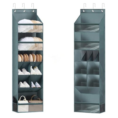 Over the Door Organizer with 6 Tiers & 11 Pockets – Multi-Purpose Hanging Door Organizer with Clear Pockets, Heavy Duty Space-Saving Closet Storage, Fits Shoes Hats Bags, Tool-Free Installation, Grey
