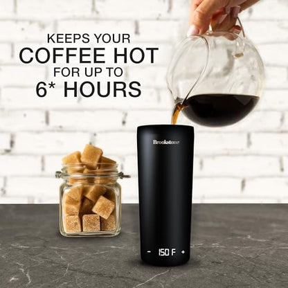 Brookstone Smart Self Heating Travel Mug & Wireless Phone Charging Station - 11.5oz Temperature Control Heated Coffee Tumbler | 6Hr Battery for Continuous Warmth | Double-Wall Stainless Steel - Black - color: Black Tumbler