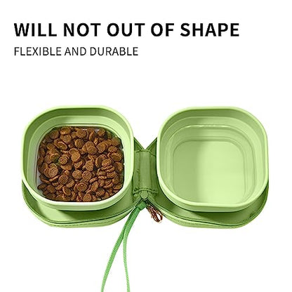 Travel Twin Pet Bowls for Cats or Dogs, Collapsible Silicone Bowls for Food and Water Feeding, Foldable Zip Up Oxford Cloth Carry Case with Carabiner Clip, Portable Hiking Cat Bowl