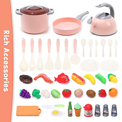 CUTE STONE Toy Kitchen Accessories Set, Play Food Sets for Kids Kitchen, Kids Cooking Sets with Play Pots and Pans, Utensils Cookware Toys, Toddler Kitchen Playset, Play Kitchen Toy for Girls Boys - style: Pink Cooking Set