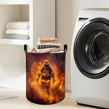 Brave Firefighter Walking Through Flames Laundry Basket with Handles, 19.7"x15.7" Clothes Foldable Laundry Hamper Organizer for Dorm Nursery Bedroom Bathroom Decor, Toy Storage Bin for Kids - style: Firefighter58