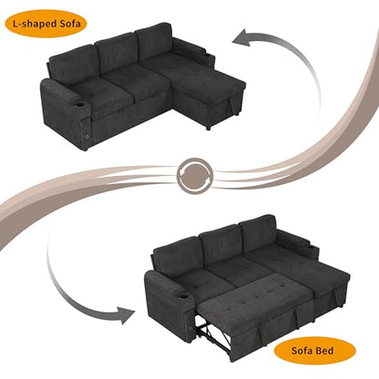 83.5" L-Shaped Foldable Sofa Couch, Modern Chenille Pull Out Couch with UAB, Convertible Love Seat Sofa Bed with Adjustable Back and Pillow for Living Room, RV, Small Spaces (Black, 83.5") | Modern Chenille - color: Black, size: 83.5"