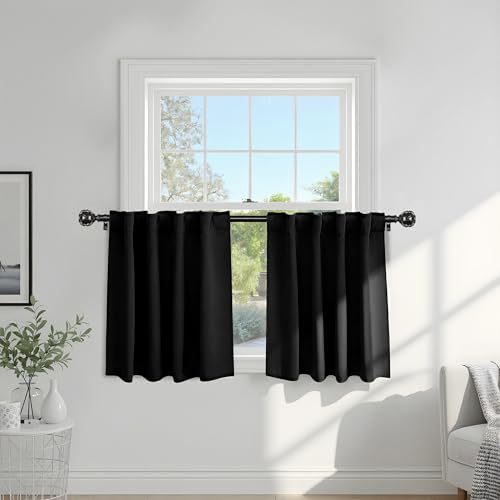 PONY DANCE Small Blackout Curtains for Kitchen Curtain Set - Nursery Short Drapes Panels Window Treatments Light Blocking Drapes for Bathroom, 42 Wide by 30 Inches Long, Black, 2 Panels - color: Black, size: 42"W x 30"L (Pack of 2)