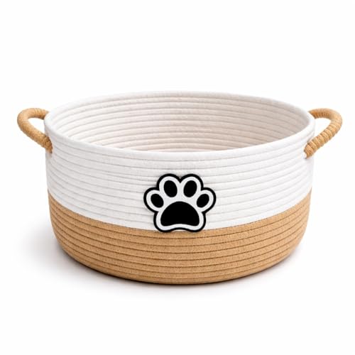 Dog Toy Basket,Large Dog Toy Storage Woven Rope Basket ,Dog Toy Bin with Comfortable Handles,for Dog Cat Storage Organizer,Blanket & Leash Storage,Toys,White & Brown - color: Brown