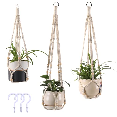 3-Pack Macrame Plant Hanger Indoor - Hanging Planter Basket for Indoor Outdoor - Decorative Boho Plant Holders Set with Beads - Ceiling Flower Pot Holder with 6 Hooks - 35"/30"/24" White - color: White