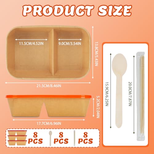 8 Pack 32oz Paper Lunch Box Bento Boxes, 2-Compartment Kraft Brown Paper Take Out Food Containers with Lids, Leakproof Microwave Safe, Disposable To Go Boxes for Picnics, Offices, Catering, Orange - color: Orange Lid & Kraft Brown Box