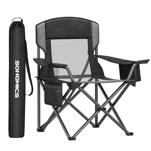 SONGMICS Camping Chair, Folding Oversized Chair, Comfortable and Heavy-Duty, 352 lb Weight Capacity, Adjustable Armrests with Cooler Bag, Storage Bag, Breathable Mesh, Ink Black UGCB060B01 - color: Black, style: 1PC (24.8"D x 37"W x 38.6"H)